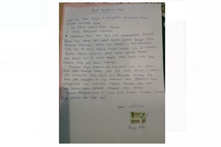 Surat permintaan maaf Rey Utami kepada Fairuz A Rafiq terkait video ikan asin.