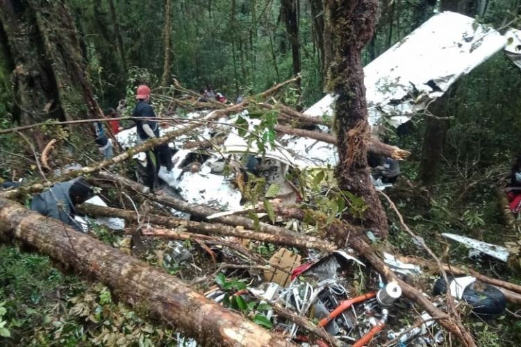 Bangkai pesawat Dimonim Air PK-HVQ yang jatuh di Gunung Menuk, Distrik Aerambakon, Sabtu (11/8/2018).
