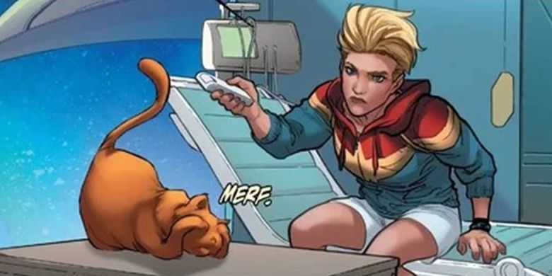 Captain Marvel bersama kucing kesayangannya, Chewie. Rabu, (19/9/2018).