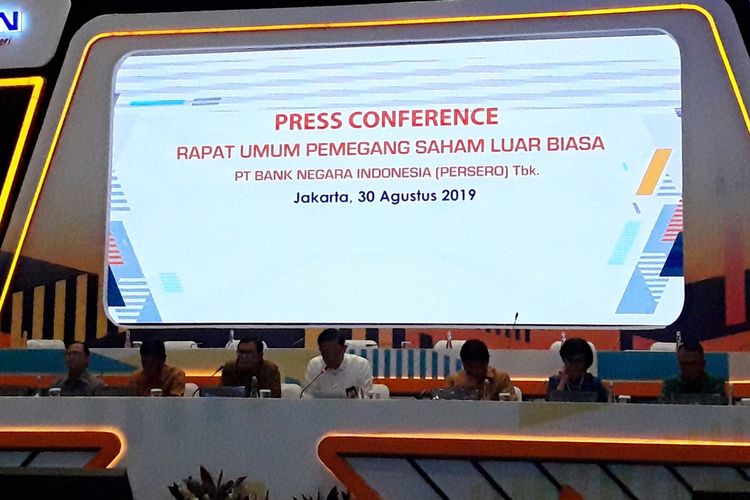Suasana Konferensi Pers Rapat Umum Pemegang Saham Luar Biasa BNI di Jakarta, Jumat (30/8/2019).