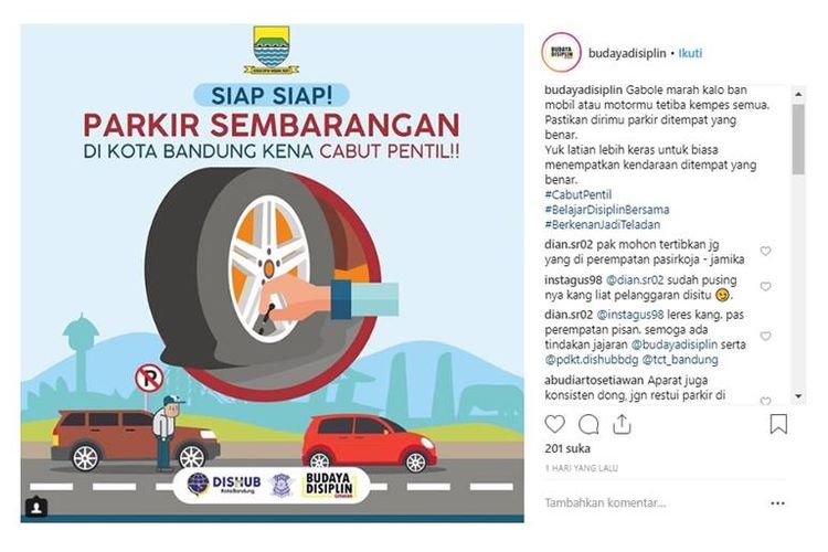 Dinas Perhubungan Kota Bandung membuat kebijakan terkait adanya tindakan tegas berupa cabut pentil (penggembosan) untuk kendaraan yang pasrkir sembarangan.