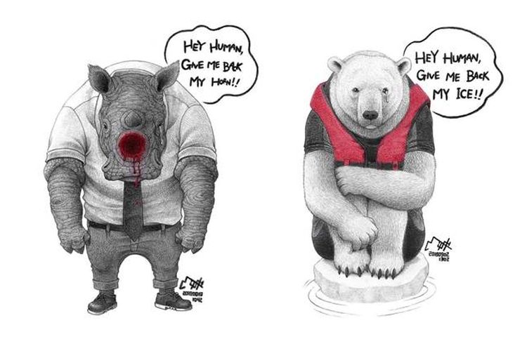 Ilustrator dan komikus asal Hong Kong, Milk DoNg Comics membuat karya-karya yang menampilkan kesedihan dari hewan-hewan atas perlakuan manusia.