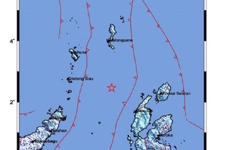 Gempa bumi bermagnitudo 5.5 mengguncang wilayah Sulawesi Utara dan Maluku Utara, Selasa (4/12/2018) sekitar pukul 14.52 Wita.