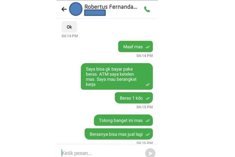 Tangkapan layar chat pelanggan ojek online Go-Jek, Randika (20) dengan penemudi Go-Jek Robertus Fernanda Berlianto.