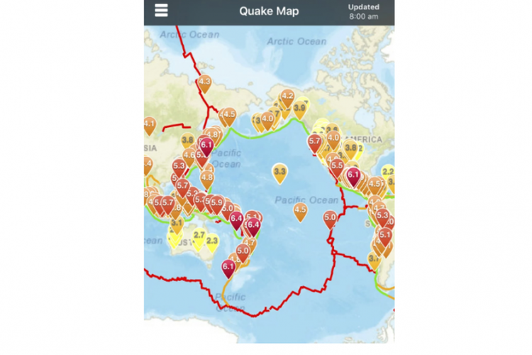 Tangkapan layar aplikasi QuakeFeed Earthquake Alerts