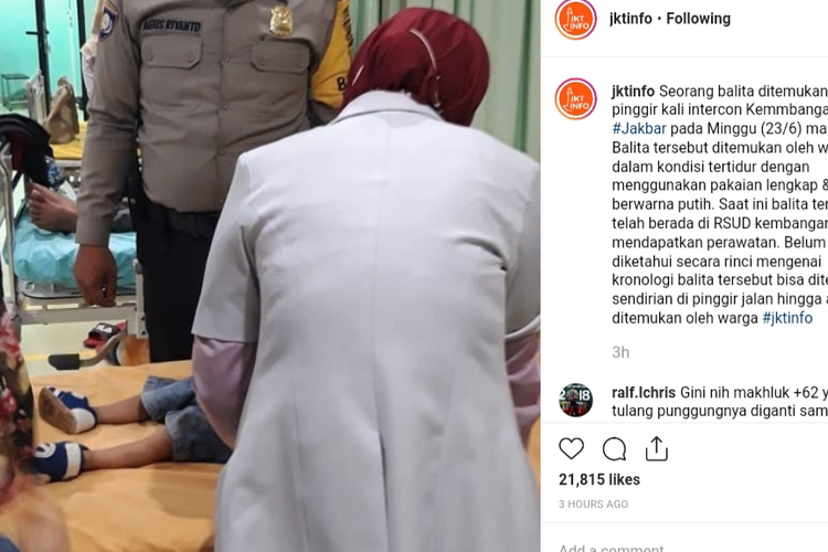 Balita ditemukan tergeletak di pinggir kali Jalan Intercon, Minggu (23/6/2019)(Bidik layar Instagram @jktinfo)
