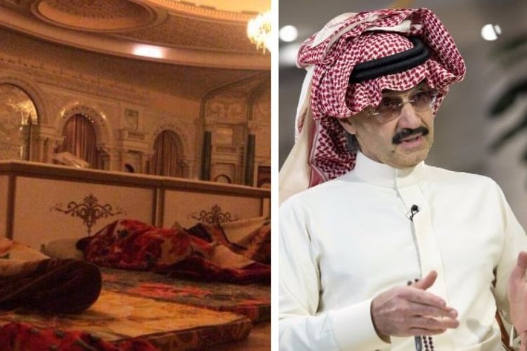 Dalam foto di sebelah kiri terlihat kasur-kasur tipis digelar untuk digunakan para pangeran yang ditangkap. Foto sebelah kanan adalah Pangeran Alwaleed bin Talal, salah satu pangeran yang ditangkap.