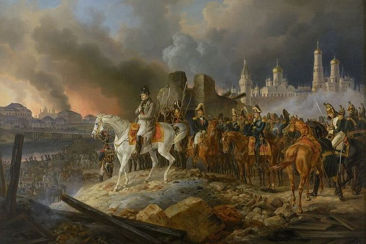 Dalam lukisan karya Adam Albrecht (1841) ini memperlihatkan Napoleon Bonaparte dan pasukannya menyaksikan kota Moskwa yang dibakar.