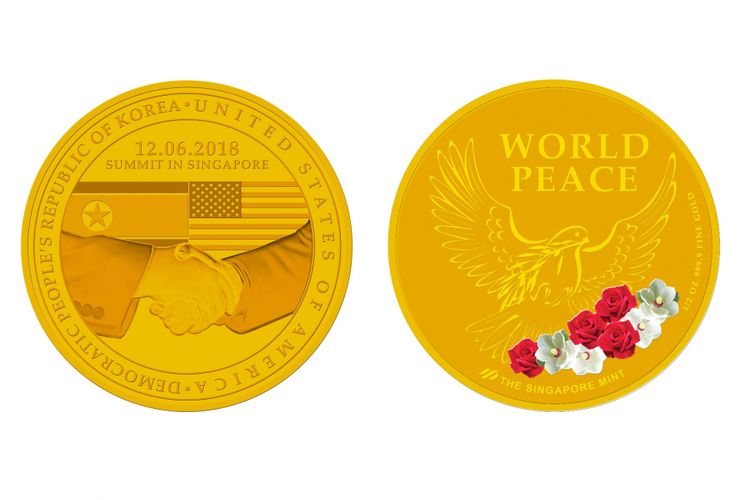 Koin emas perdamaian dunia yang akan dirilis Singapura memperingati berlangsungnya pertemuan antara Presiden AS Donald Trump dengan Pemimpin Korut Kim Jong Un.