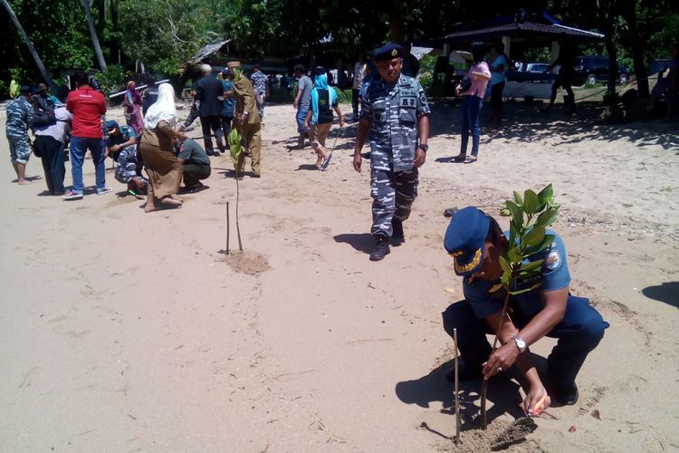 Ribuan mangrove ditanam TNI AL dan masyarakat di pantai Desa Koluwoka, Kecamatan Sulamata Timur, Kabupaten Gorontalo Utara.