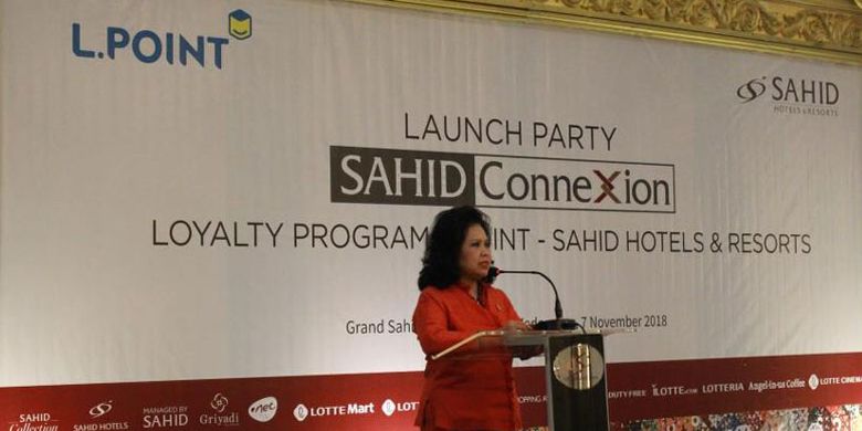 Komisaris Utama Sahid Hotels & Resorts, Wiryanti Sukamdani saat memberi sambutan pada peluncuran Sahid ConneXion dengan menggandeng L.POINT Indonesia di Hotel Grand Sahid Jaya Jakarta, Rabu (7/11/2018).