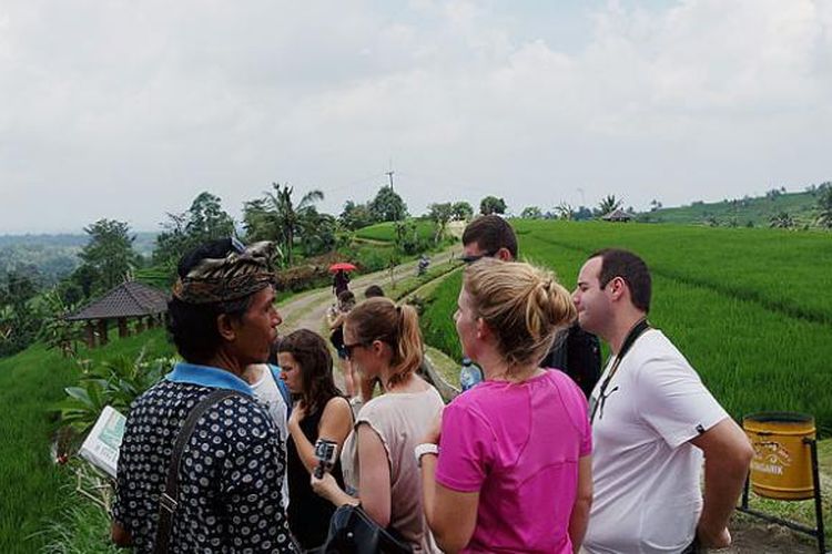 Wisatawan asing mengunjungi Desa Jatiluwih, Kabupaten Tabanan, Bali, untuk melihat persawahan yang masuk dalam sistem pengairan subak, pertengahan Oktober 2016.