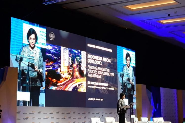 Menteri Keuangan Sri Mulyani Indrawati ketika memberikan paparan di acara Mandiri Investment Forum 2019 di Jakarta, Rabu (30/1/2019).