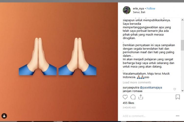 Manajer artis Erie Prasetyo meminta maaf karena telah mengunggah video pertemuan Anang Hermansyah dengan Jerinx SID ke sebuah akun gosip.