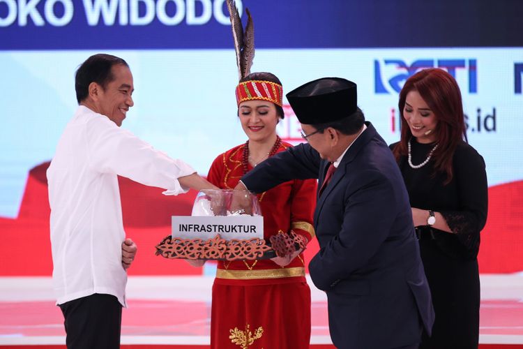 Calon Presiden Nomor Urut 1, Joko Widodo dan No JUrut 2, Prabowo Subianto mengambil undian pertanyaan saat Debat Kedua Calon Presiden di Hotel Sultan, Jakarta, Minggu (17/2/2019).