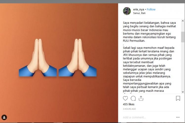 Manajer artis Erie Prasetyo meminta maaf karena telah mengunggah video pertemuan Anang Hermansyah dengan Jerinx SID ke sebuah akun gosip.