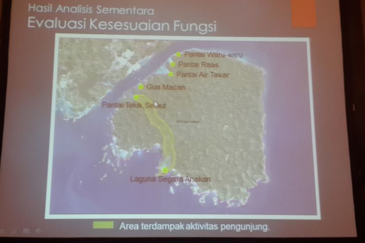 Peta daerah terdampak aktivitas wisatawan di Cagar Alam Pulau Sempu, Kabupaten Malang.