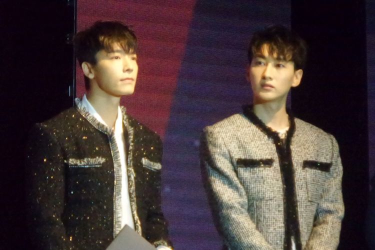 Donghae (kiri) dan Eunhyuk Super Junior memeriahkan acara Korea Brand & Entertainment Expo 2017 di Hotel Sheraton, Jakarta Selatan, Senin (4/9/2017).