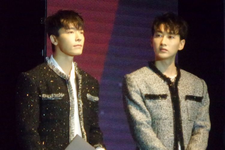 Donghae dan Eunhyuk Super Junior memeriahkan acara Korea Brand & Entertainment Expo (KBEE) 2017 di Hotel Sheraton, Jakarta Selatan, Senin (4/9/2017).