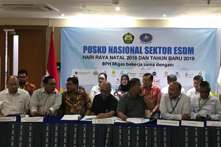 Konferensi pers pembubaran Posko Nasional ESDM di kantor BPH Migas, Jakarta, Selasa (8/1/2019).