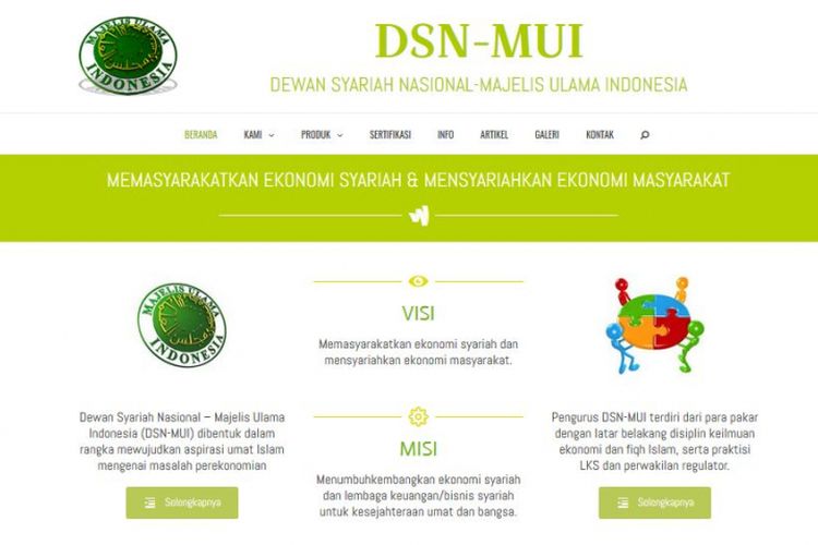 Potongan tampilan halaman muka situs web Dewan Syariah Nasional (DSN) Majelis Ulama Indonesia. Gambar diambil pada Selasa (1/8/2017).