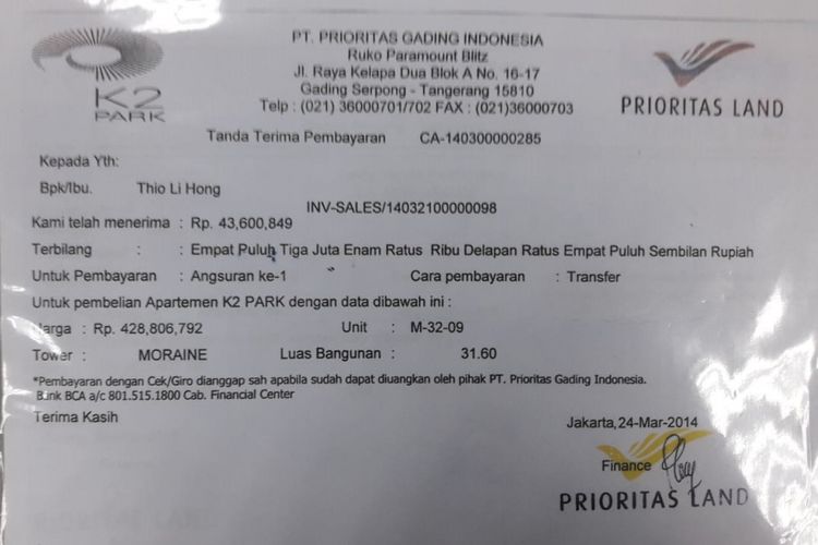 Kuitansi pembayaran apartemen K2Park tipe 31 meter persegi.