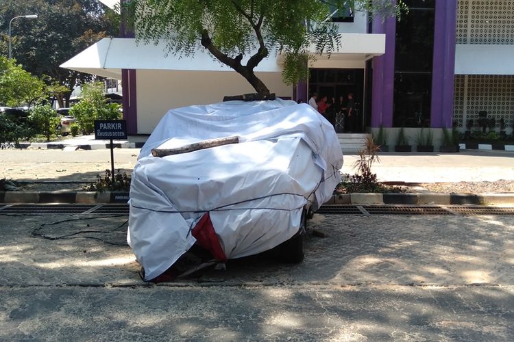 Kondisi mobil yang tertimpa pohon di halaman parkir Universitas Pancasila, Rabu (21/8/2019)