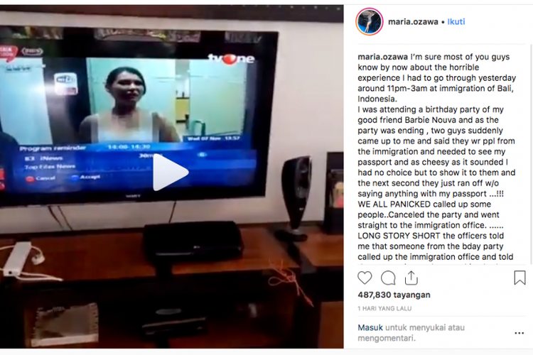 Maria Ozawa memprotes soal pemeriksaan di imigrasi melalui akun instagramnya.