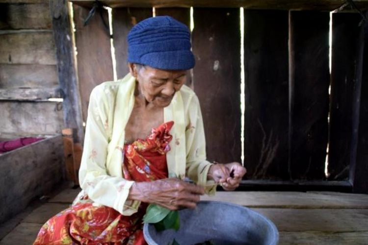 Nenek Julaeha (90) tinggal sebatangkara di rumahnya yang terbuat dari papan kayu di Desa Siotapina, Kecamatan Ambuau, Kabupaten Buton Sulawesi Tenggara. Nenek Julaeha sedang memotong daun singkong untuk di makan tanpa nasi
