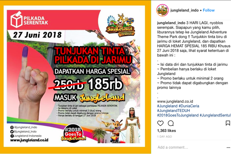 
Promo potongan harga disediakan oleh Jungleland Indonesia untuk memeriahkan pesta demokrasi, Pilkada serentak pada hari Rabu (27/06/2018).