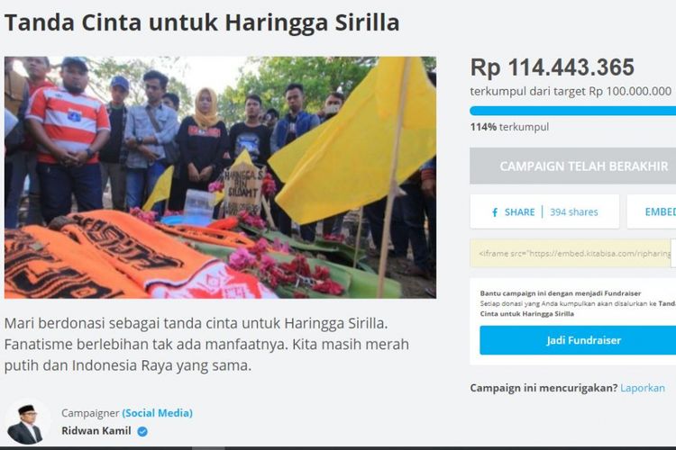 Laman penggalangan donasi untuk Haringga Sirla yang diinisiasi Ridwan Kamil di kitabisa.com.