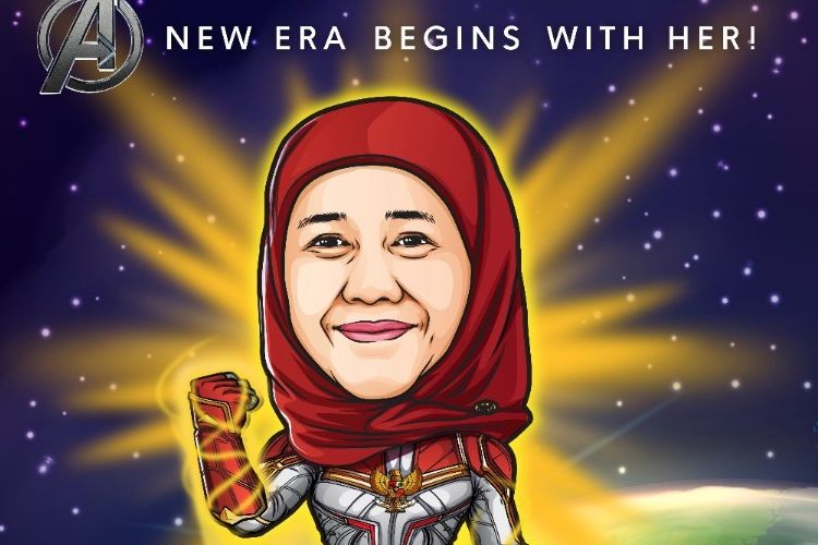 Karikatur Gubernur Jawa Timur Khofifah Indar Parawansa dengan kostum superhero Marvel Comics