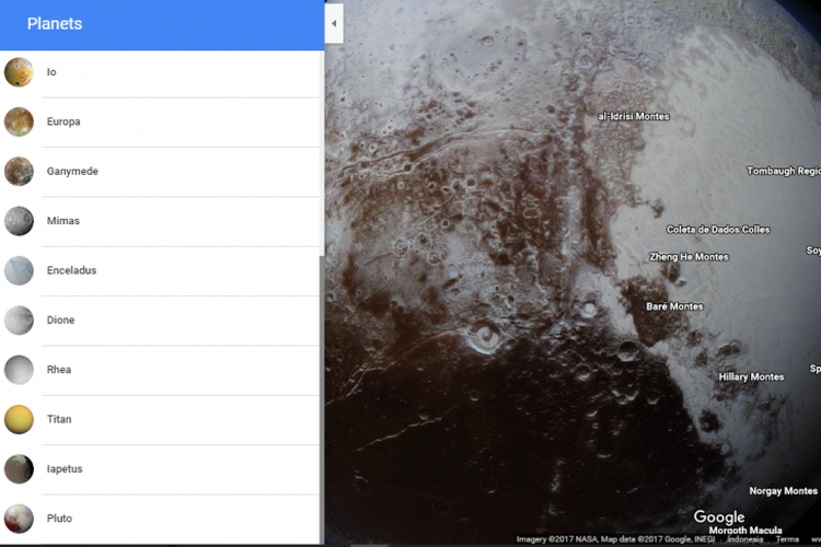 Penampakan Planet Pluto melalui ekspedisi Google Maps