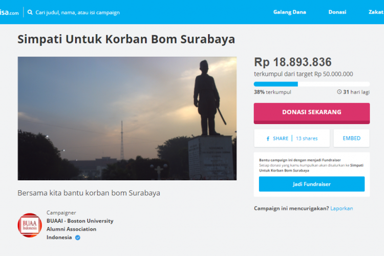 Penggalangan donasi online untuk korban bom Surabaya melalui kitabisa.com