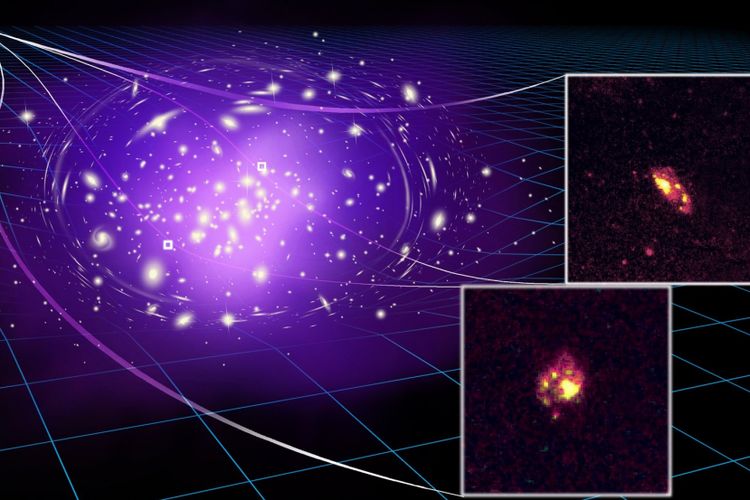 Dua gambar inset kecil tersebut menunjukkan pengamatan aktual dari galaksi spiral paling kuno yang pernah diobservasi. Sisa gambar adalah ilustrasi seorang seniman yang menunjukkan bagaimana sebuah gugus galaksi besar membungkuk dan memperbesar cahaya dari galaksi yang jauh, sehingga terlihat oleh para astronom di Bumi.