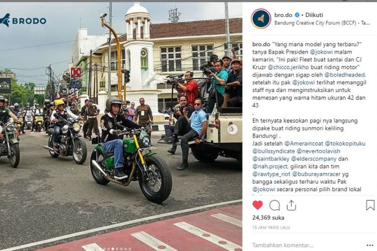 Presiden joko Widodo mengenakan sepatu riding buatan Brodo saat berkonvoi motor di Bandung, Minggu (11/11/2018)