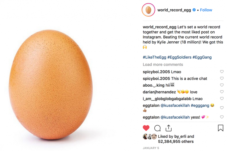 Eugene, telur viral di Instagram yang diganjar 52 juta likes.