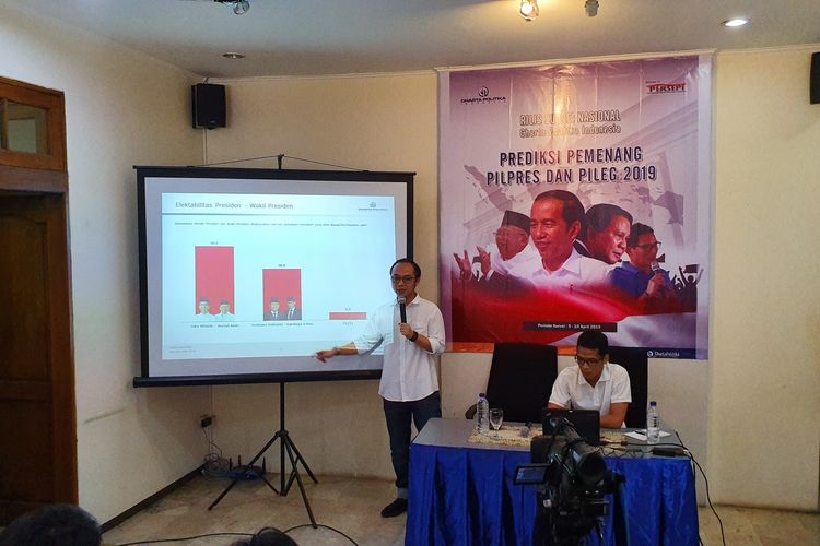 Direktur Eksekutif Charta Politika Yunarto Wijaya saat merilis hasil survei di kantornya di Jakarta, Sabtu (13/4/2019).
