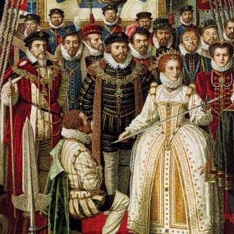 Elizabeth I memberikan gelar ksatria pada Francis Drake di 1580. (Jean-Leon Huens/National Geographic/Heritage-Images)