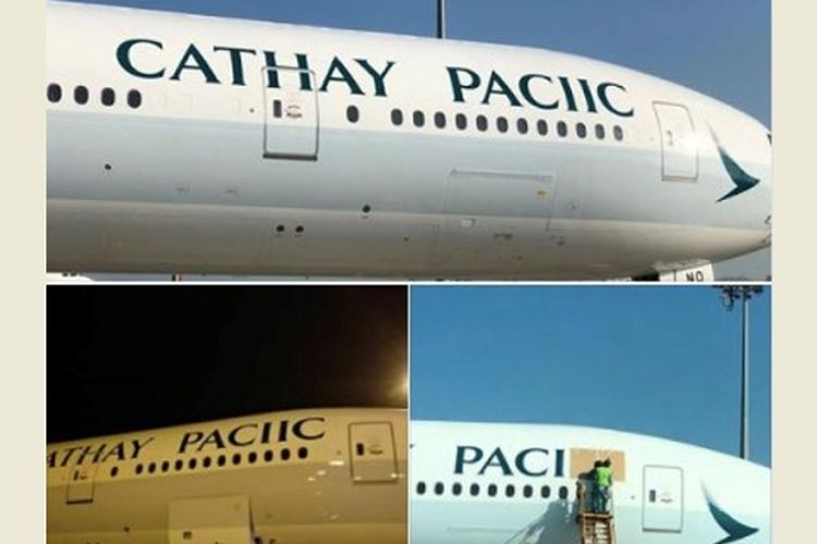 Pesawat maskapai Cathay Pasific yang memiliki kesalahaan ejaan. (Twitter/Cathay Pasific)