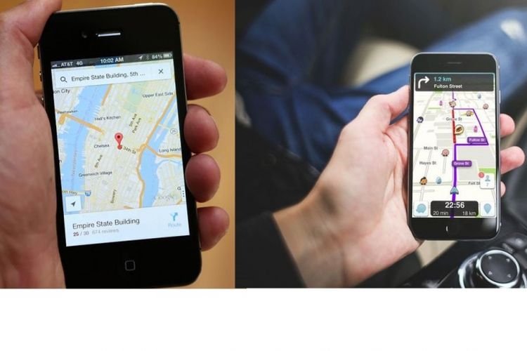Ilustrasi Waze (kiri) dan Google Maps (kanan).