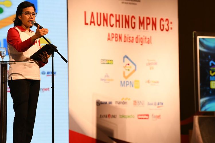 Menteri Keuangan Sri Mulyani  dalam acara peluncuran MPN G3 di Kementerian Keuangan, Jakarta, Jumat (23/8/2019)