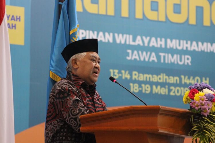 Mantan Ketua Umum Pimpinan Pusat Muhammadiyah, Din Syamsuddin saat menghadiri Kajian Ramadhan oleh PWMU Jawa Timur di Universitas Muhammadiyah Malang (UMM), Minggu (19/5/2019). 