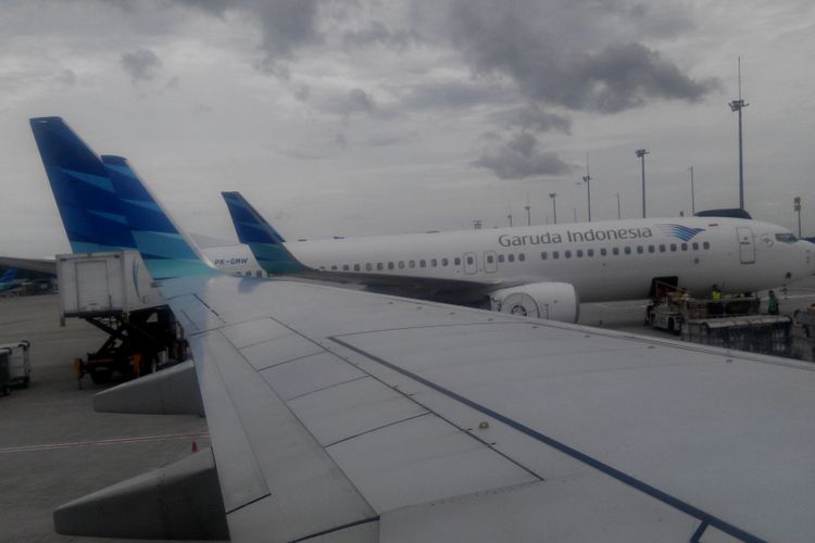 Pesawat-pesawat Garuda Indonesia di Bandara Internasional Soekarno-Hatta, Tangerang, Banten, Jumat (1/12/2017).