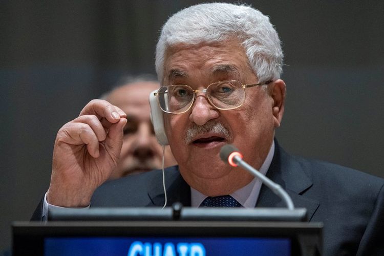 Presiden Palestina Mahmoud Abbas berpidato dalam pertemuan Kelompok 77 dan China di New York, AS, Selasa (15/1/2019).