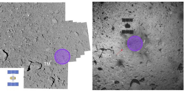 Foto sebelum dan sesudah pendaratan pesawat ruang angkasa Hayabusa2. Lingkaran ungu menunjukkan lokasi pendaratan. Gambar kiri adalah sebelum Hayabusa2 mendarat, dan gambar kanan setelah lepas landas.