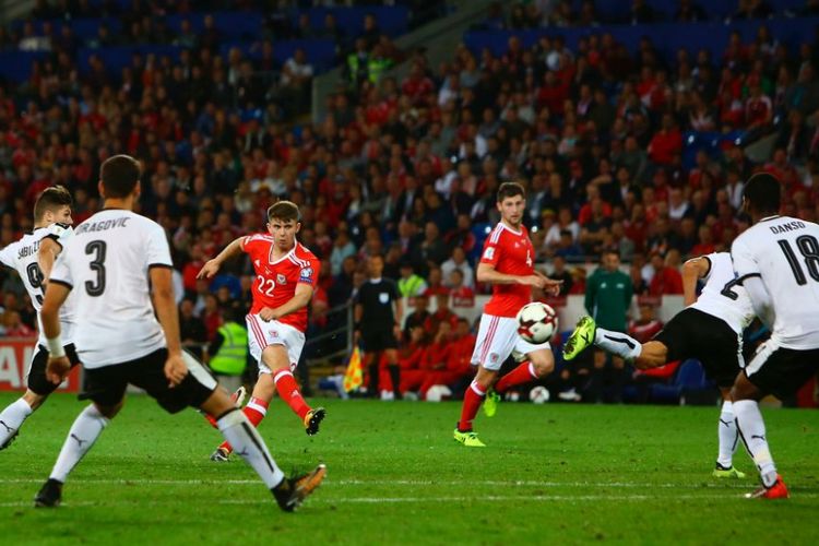 Striker Ben Woodburn mencetak gol kemenangan Wales atas Austria pada kualifikasi Piala Dunia 2018, Sabtu (2/9/2017).