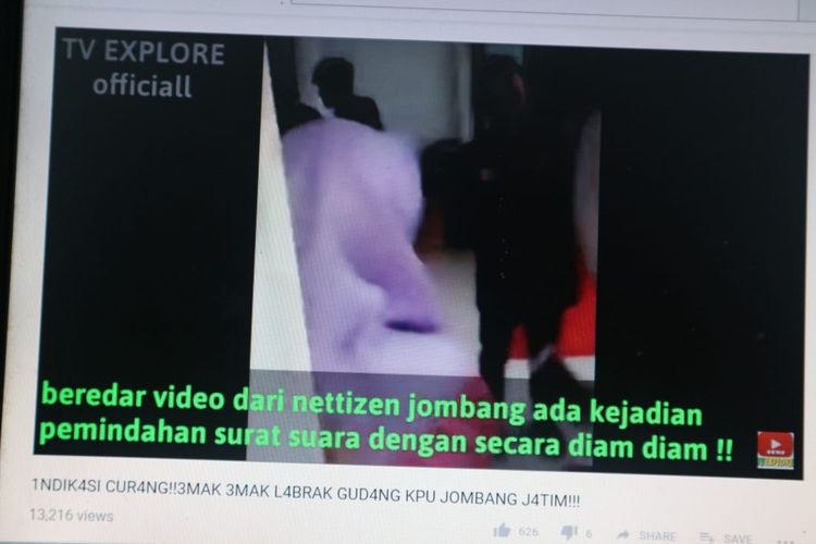 Tangkapan layar video yang mencatut KPU Jombang yang beredar di Youtube.