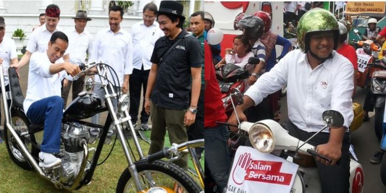 Presiden Joko Widodo dan Gubernur DKI Jakarta Anies Baswedan saat tengah mengendarai motor favoritnya masing-masing. Sebagai pejabat yang menggemari otomotif, keduanya diharapkan bersedia hadir di pembukaan ajang Indonesia International Motor Show (IIMS) 2018.