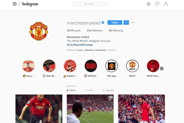 Jumlah pengikut Manchester United di Instagram